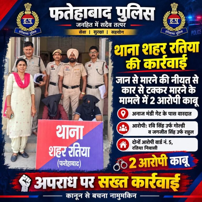 रतिया में जान से मारने की नीयत से कार से टक्कर मारने के मामले में दो आरोपी काबू