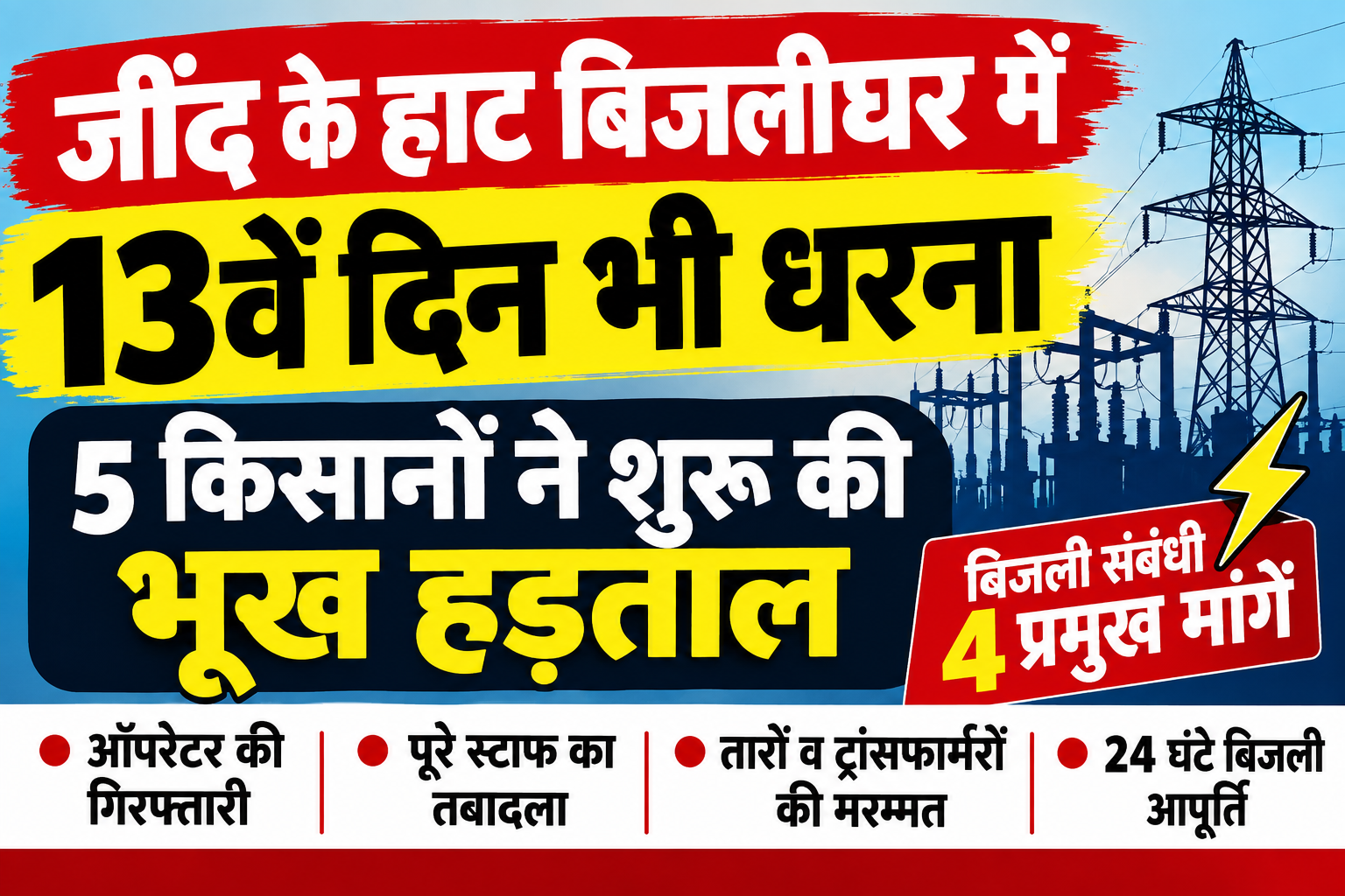 Jind Protest: जींद के हाट बिजलीघर धरना, 13वें दिन 5 किसानों ने शुरू की भूख हड़ताल